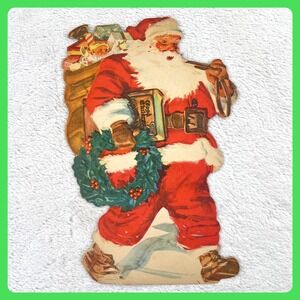 1940s Santa Claus Vintage Display Sign 14" Cardboard Easel Christmas Wreath‎
